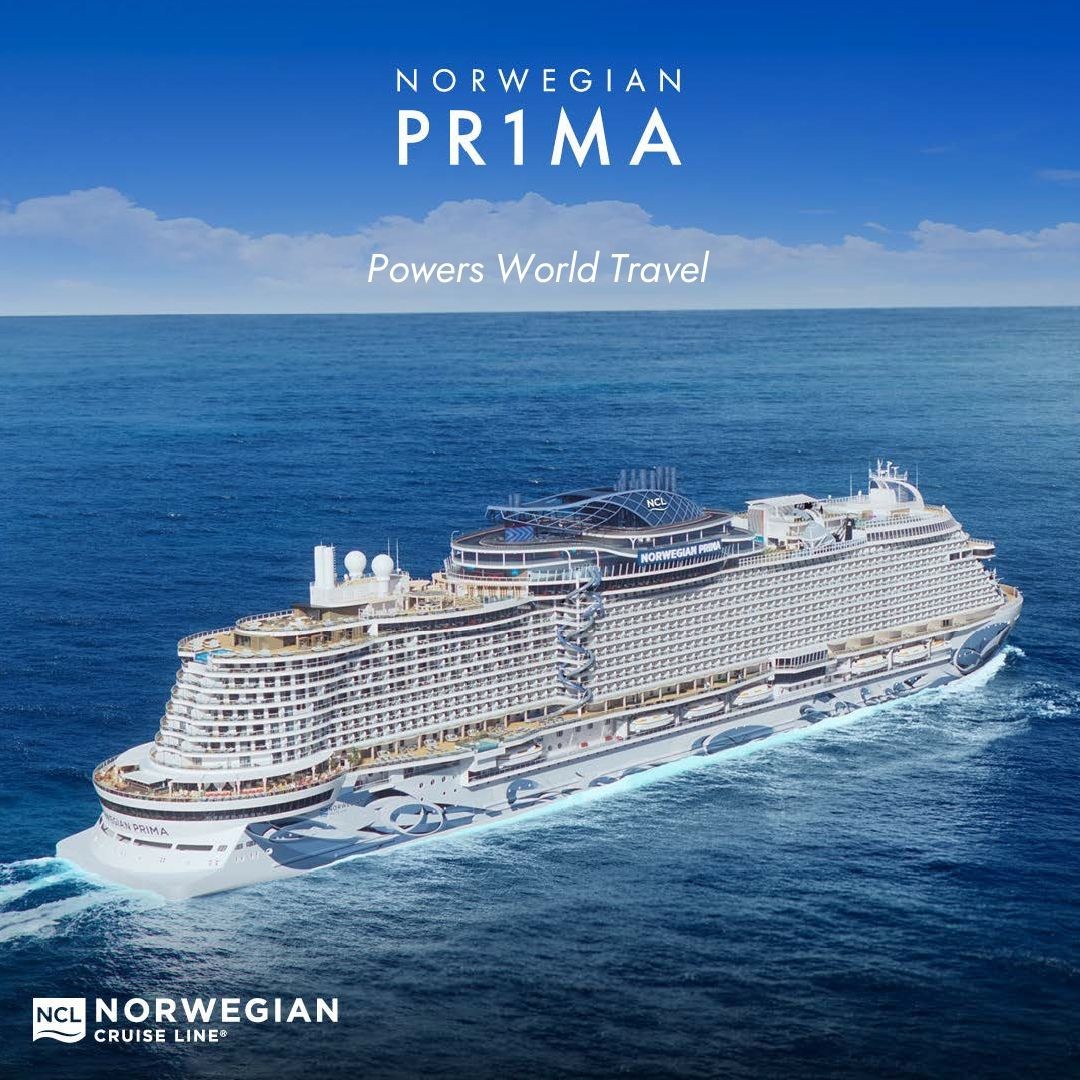 Norwegian Prima cruise ship sailing across clear blue ocean waters, showcasing its modern design and luxurious features. A state-of-the-art vessel offering world-class dining, entertainment, and amenities for an unforgettable Freestyle Cruising experience with Norwegian Cruise Line